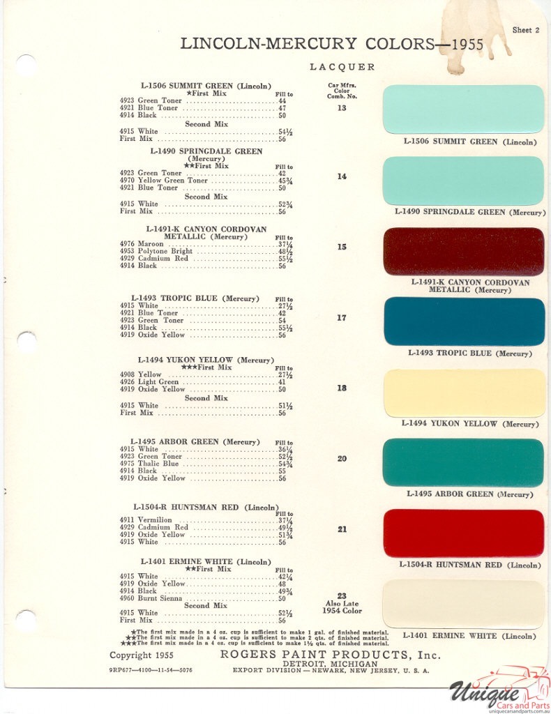 1955 Ford Paint Charts Lincoln And Mercury Paint Charts Rogers Pant 2
